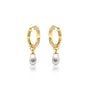 Yellow gold pearl teardrop huggie hoop earrings for office wear