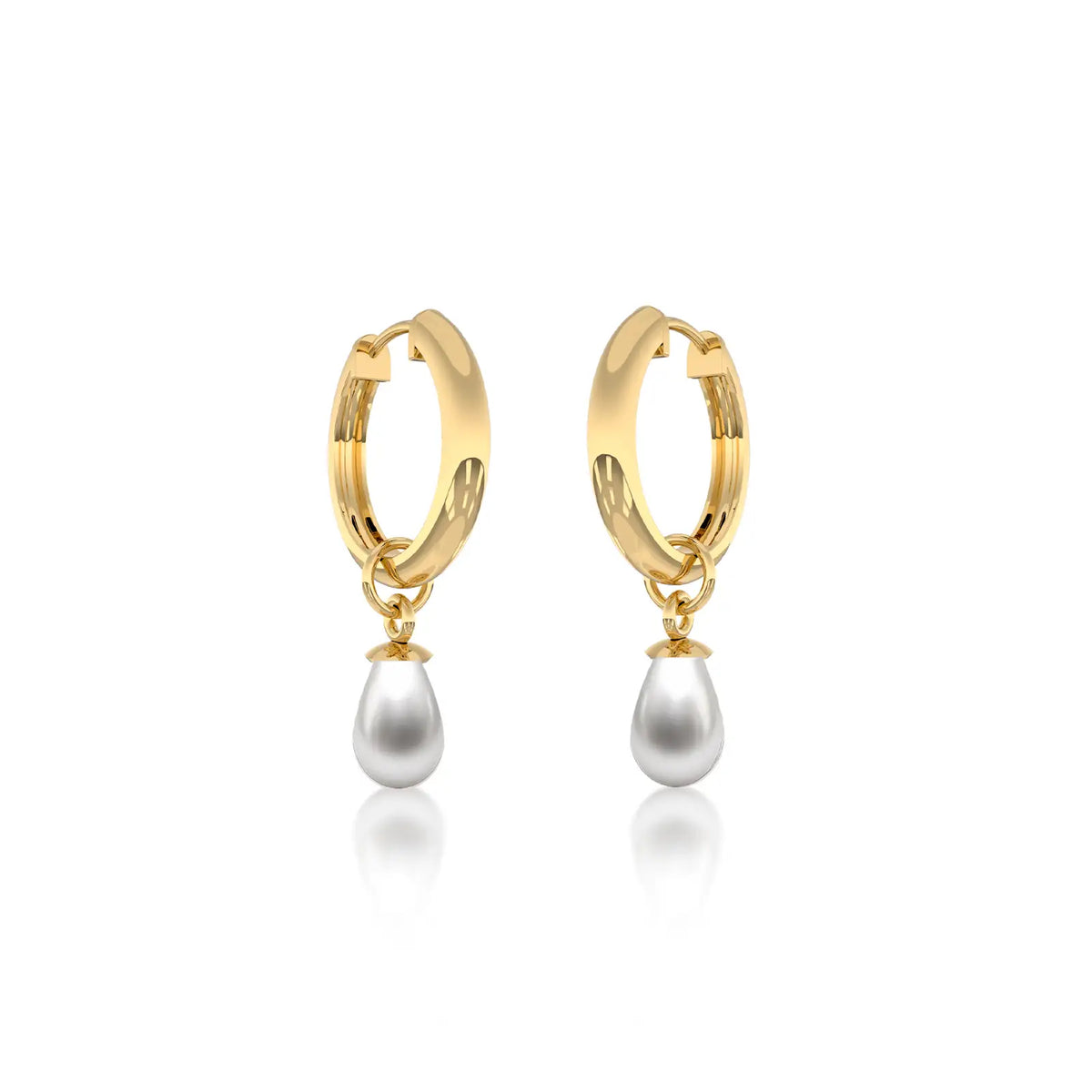 Yellow gold pearl teardrop huggie hoop earrings for office wear