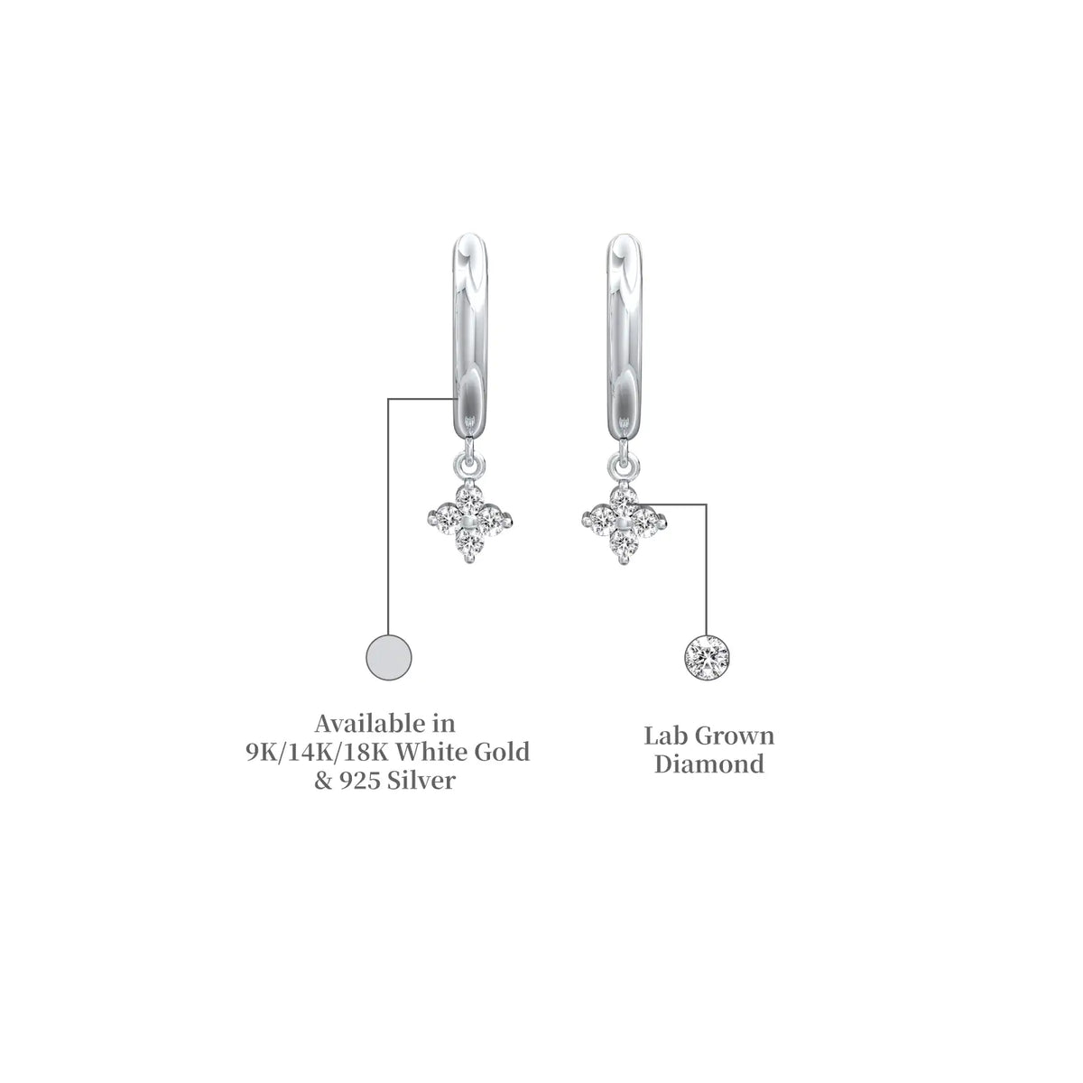 White gold descriptive image of diamond floral cluster huggie hoop earrings