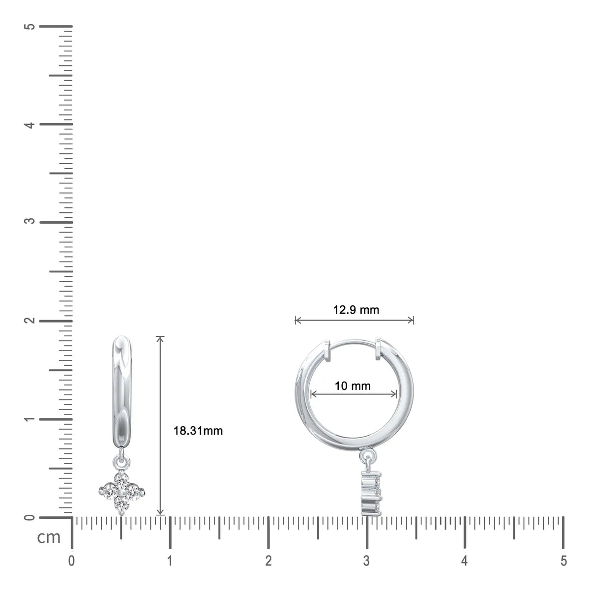 White gold dimension details of diamond floral cluster huggie hoop earrings
