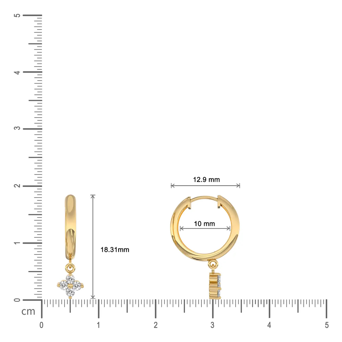 Yellow gold dimension details of diamond floral cluster huggie hoop earrings