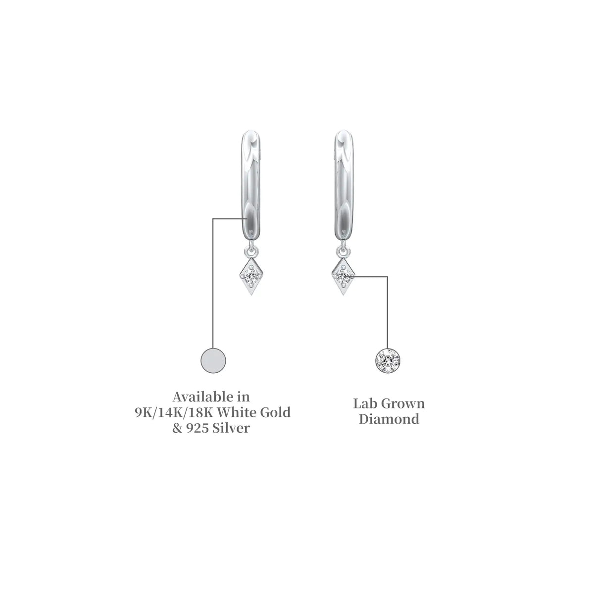 Descriptive image of white gold geometric diamond kite drop hoop earrings