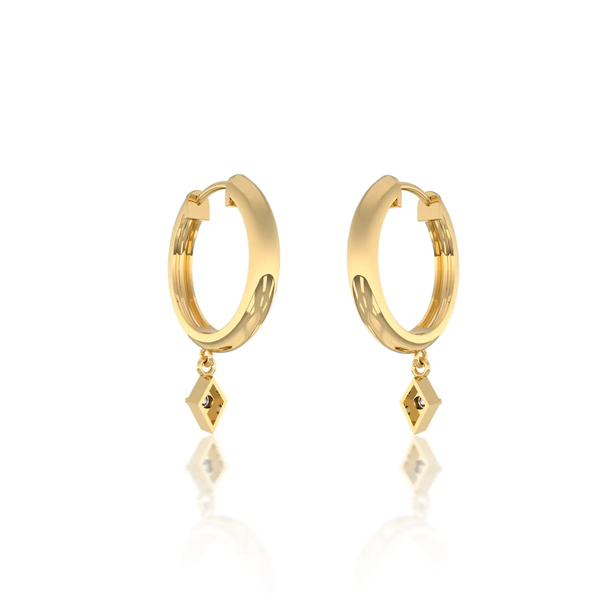 Trendy yellow gold geometric diamond kite drop hoop earrings
