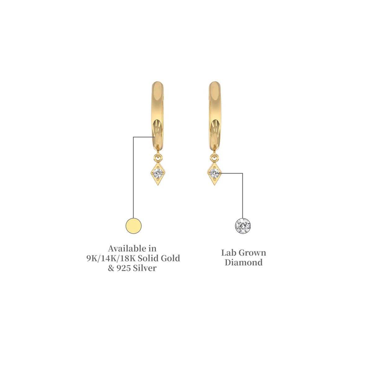 Descriptive image of yellow gold geometric diamond kite drop hoop earrings