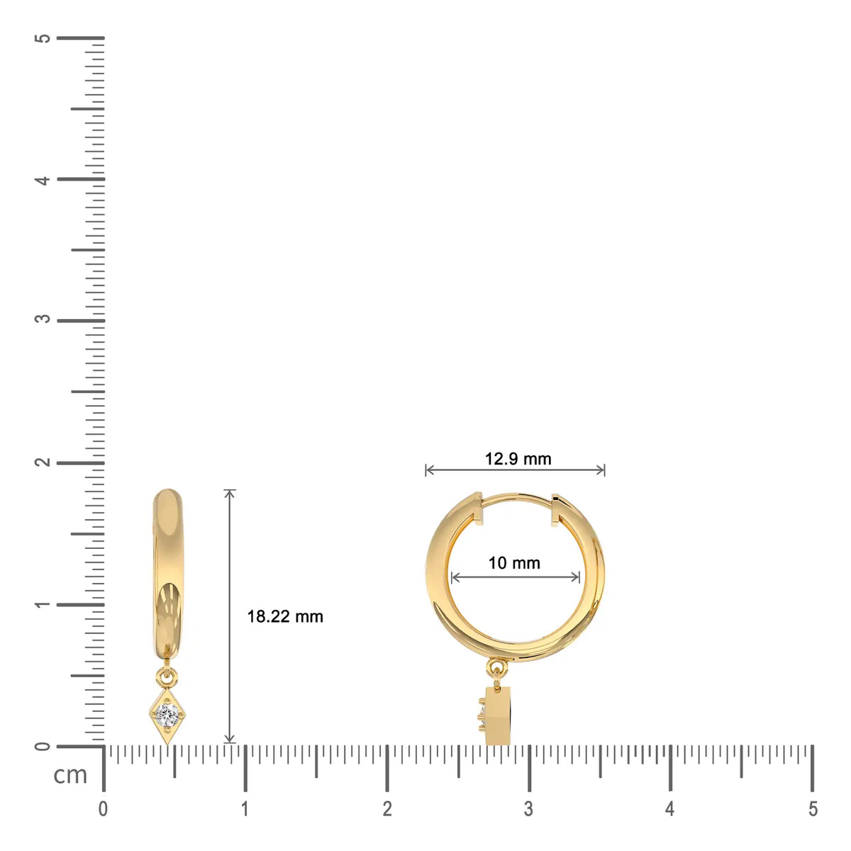 Dimension details of yellow gold geometric diamond kite drop hoop earrings