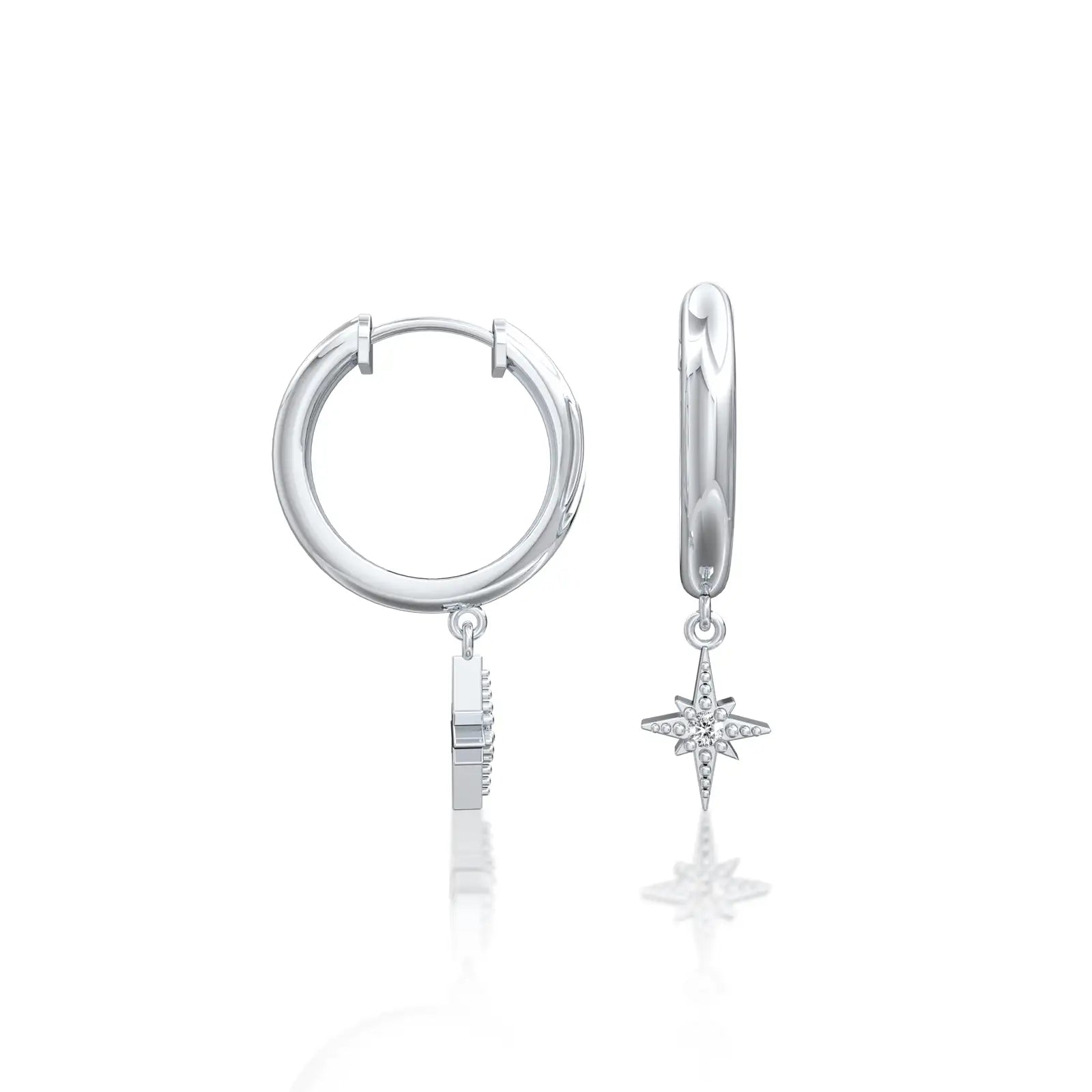 White gold celestial starburst diamond drop hoop earrings