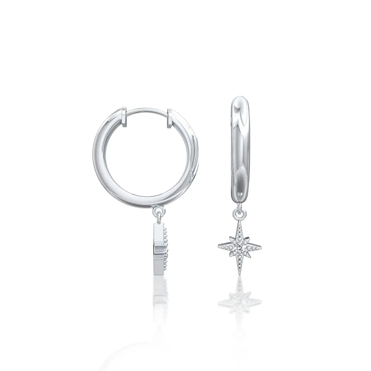 White gold celestial starburst diamond drop hoop earrings