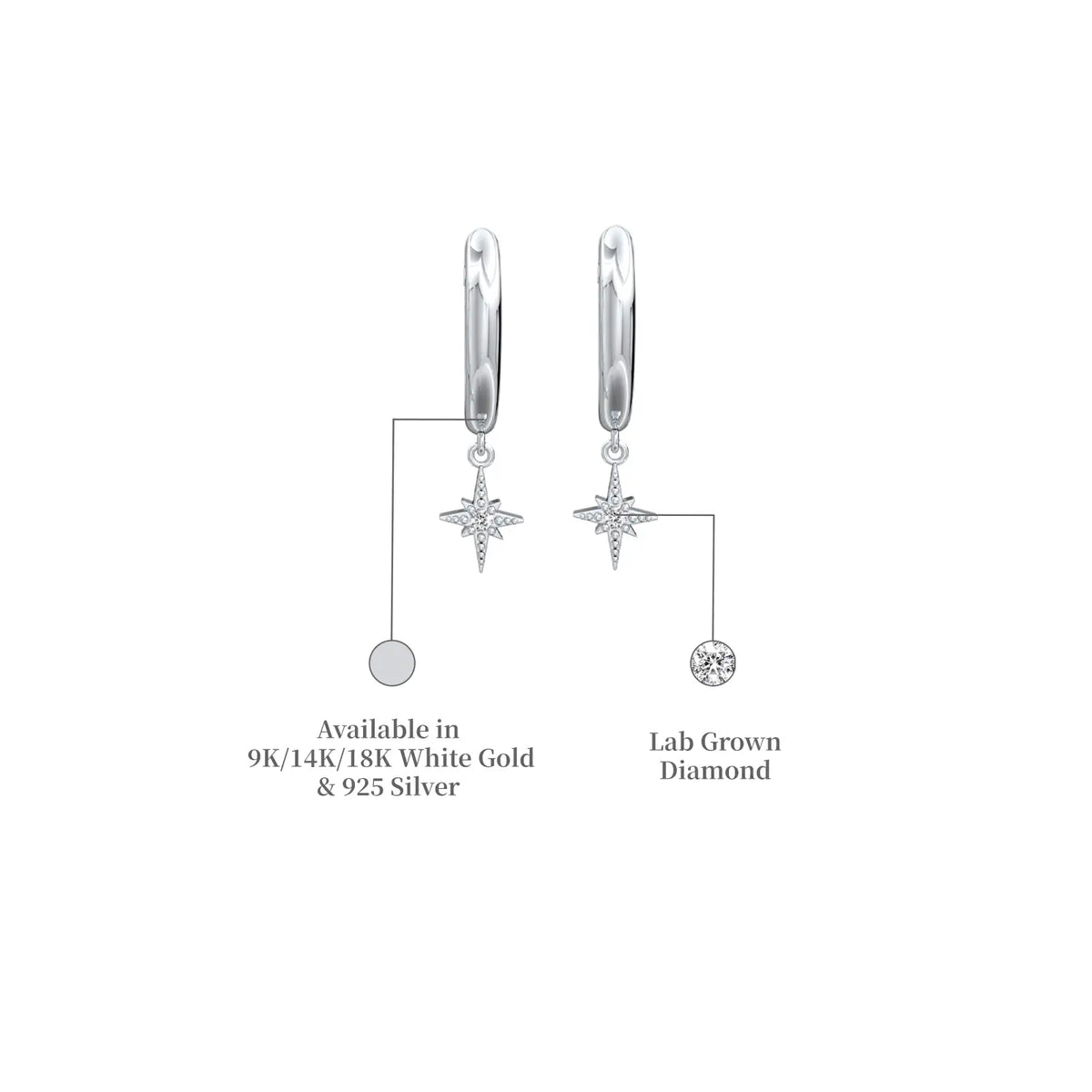 Descriptive image of fortune white gold celestial starburst diamond drop hoop earrings