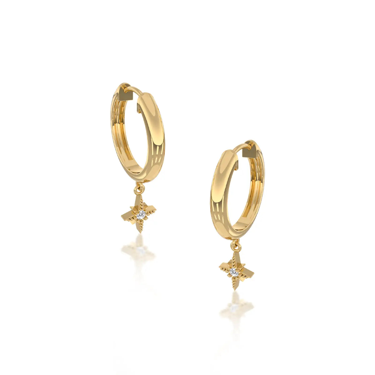 Yellow gold celestial starburst diamond drop hoop earrings