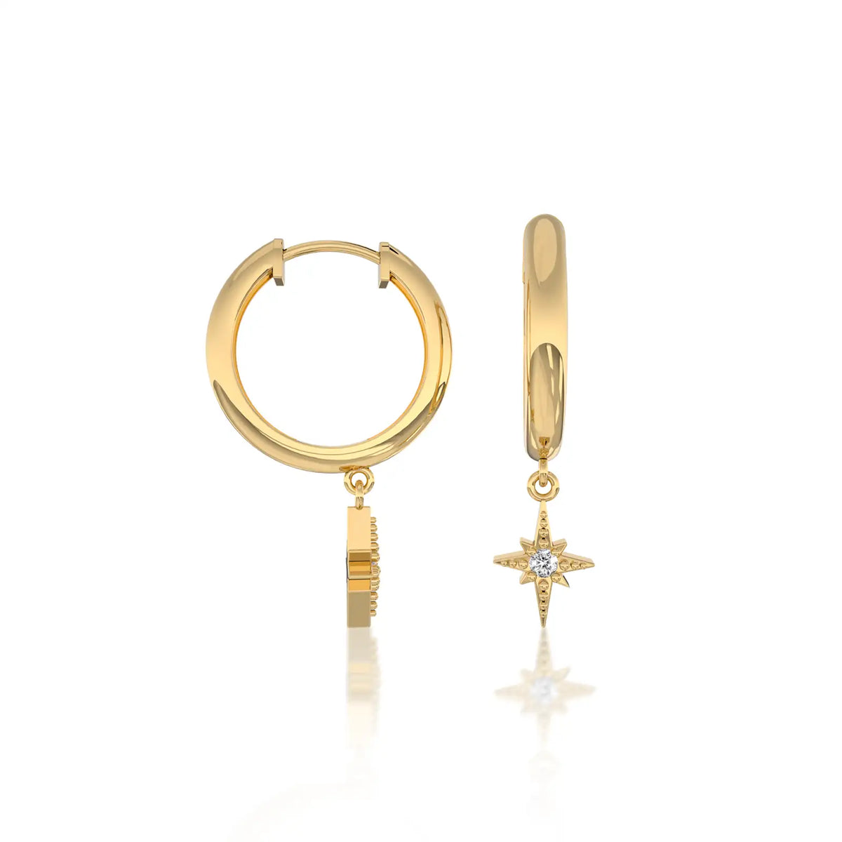 Yellow gold celestial starburst diamond drop hoop earrings for women