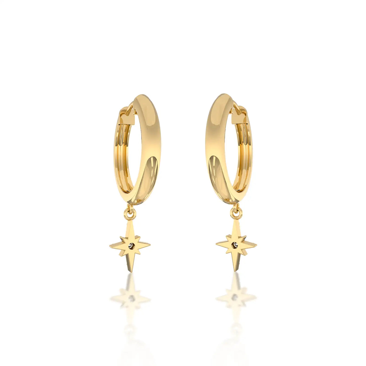 Trendy yellow gold celestial starburst diamond drop hoop earrings