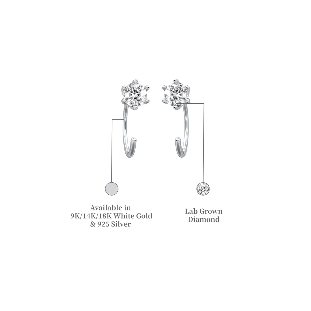 Descriptive image of white gold solitaire diamond open hoop arc earrings 