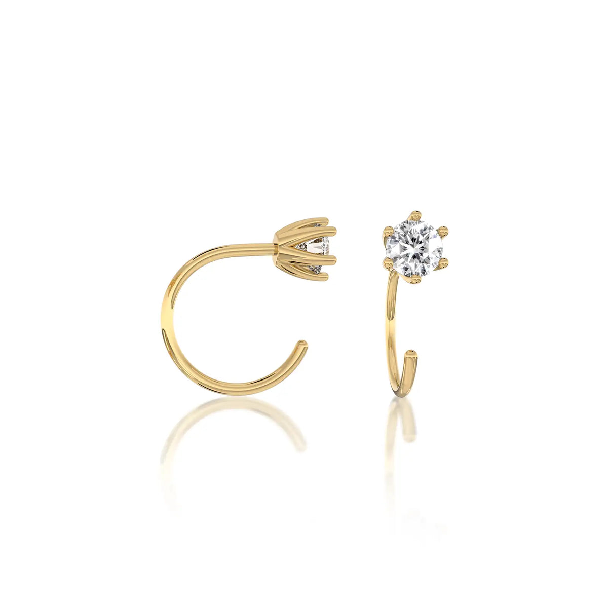 Yellow gold solitaire diamond open hoop arc earrings for women