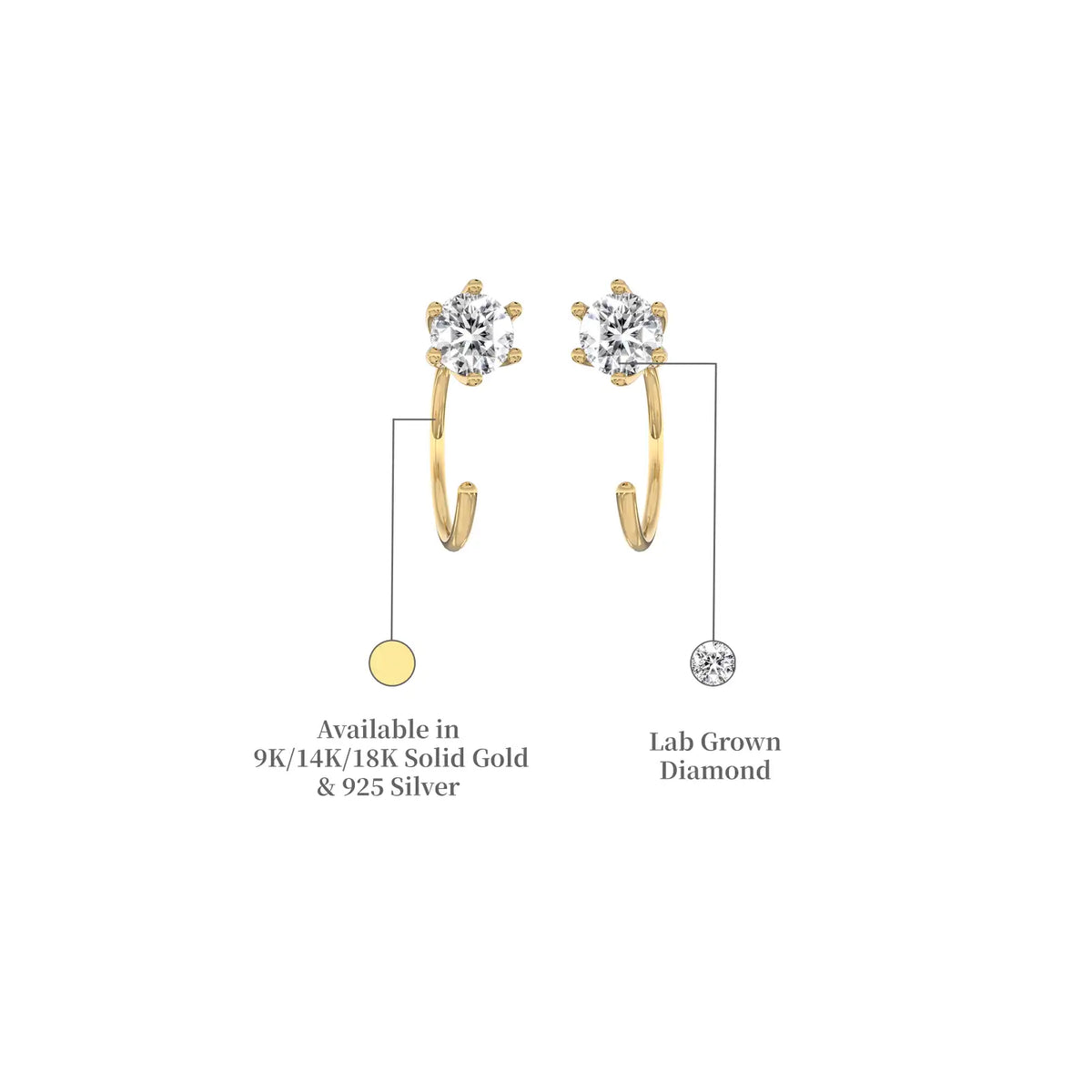 Descriptive image of yellow gold solitaire diamond open hoop arc earrings