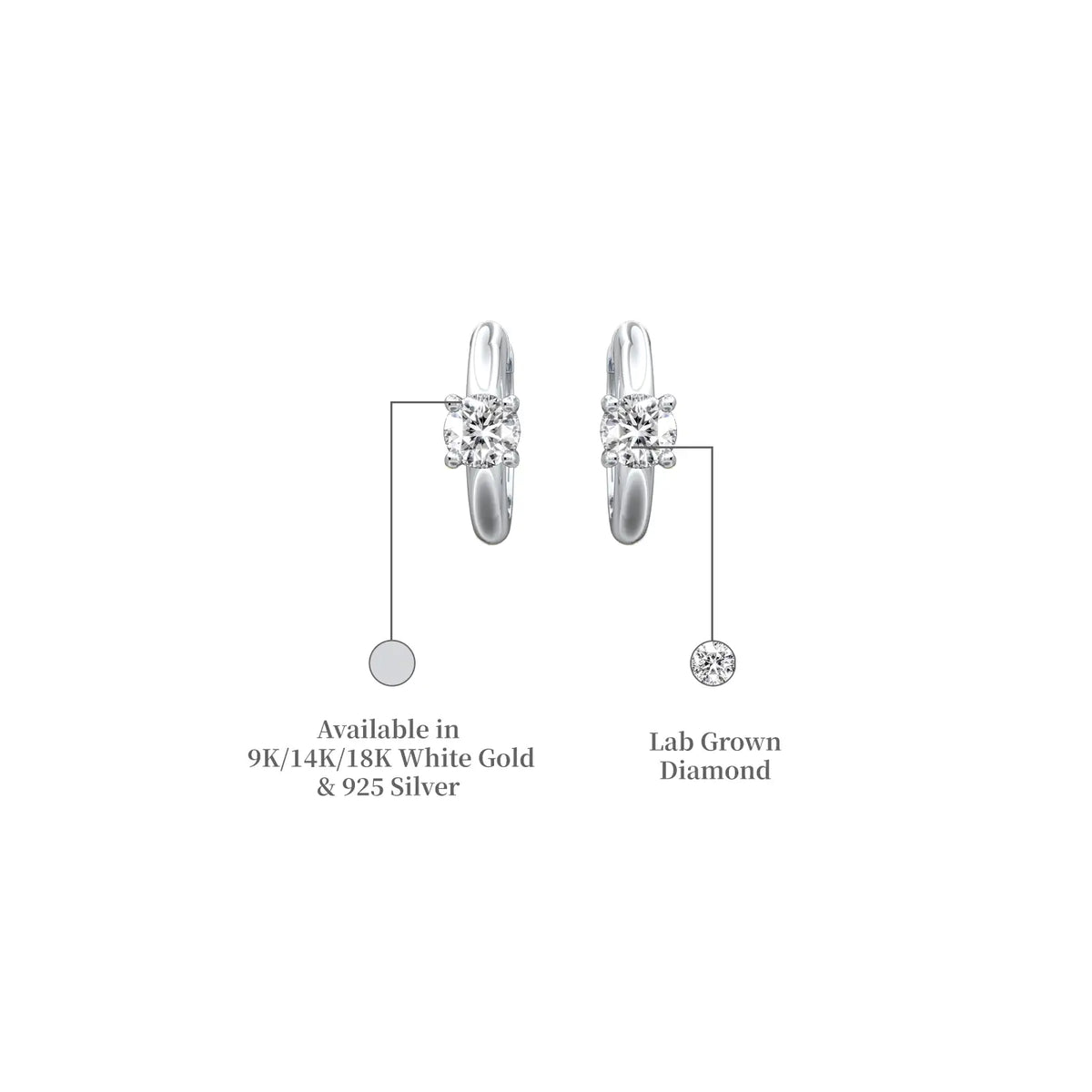 White gold descriptive image of solitaire diamond accent huggie hoop earrings