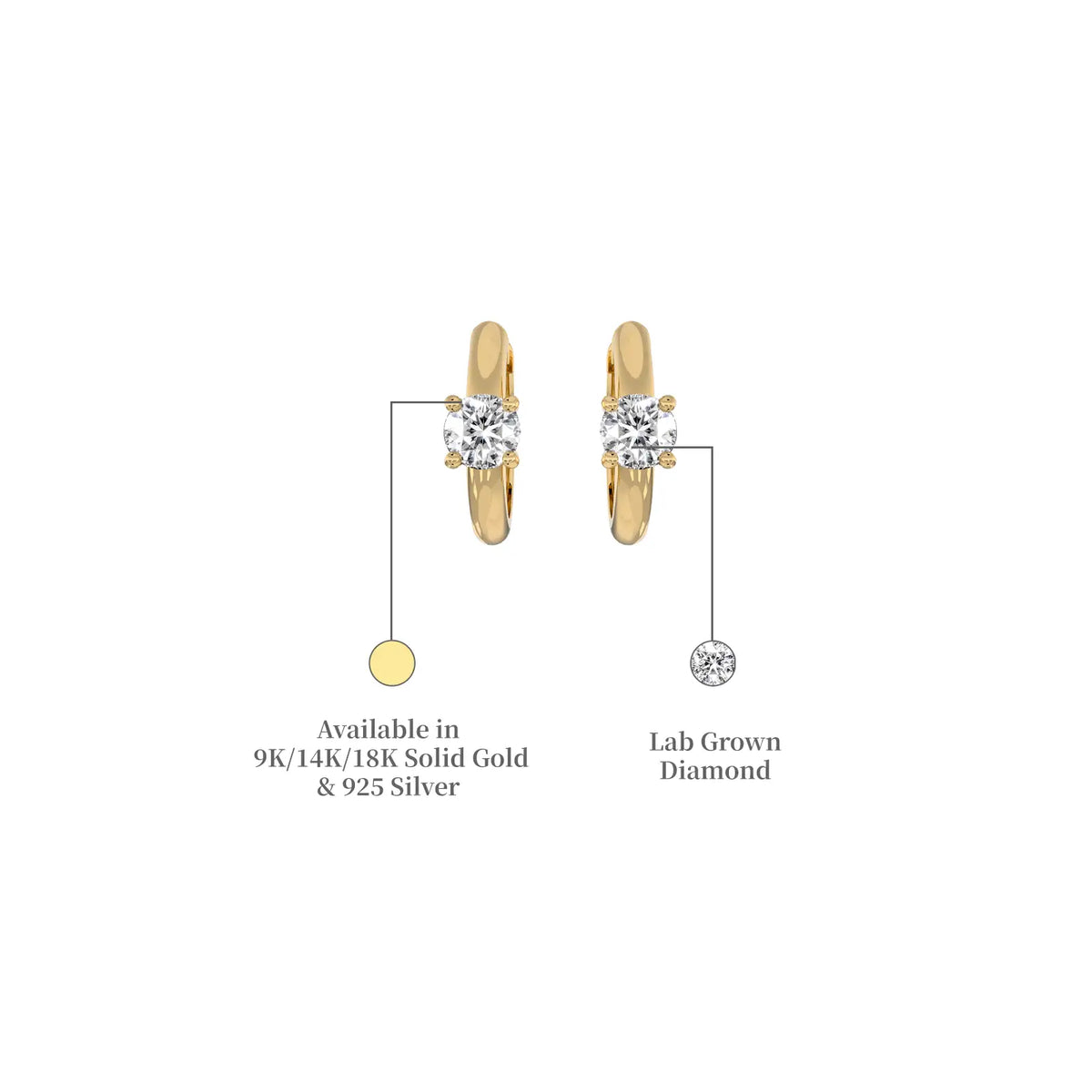Yellow gold descriptive image of solitaire diamond accent huggie hoop earrings
