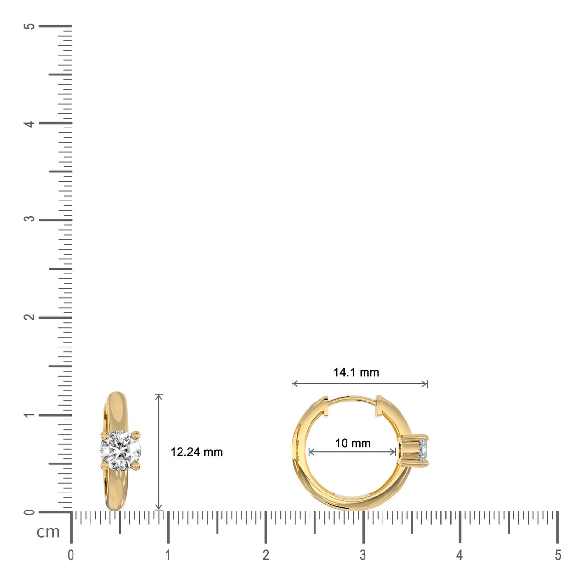 Yellow gold dimension details of solitaire diamond accent huggie hoop earrings