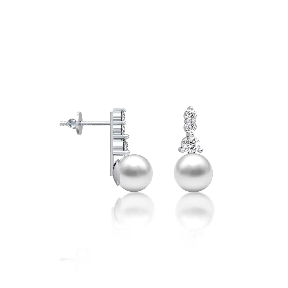 White gold graduated diamond trio pearl drop earrings