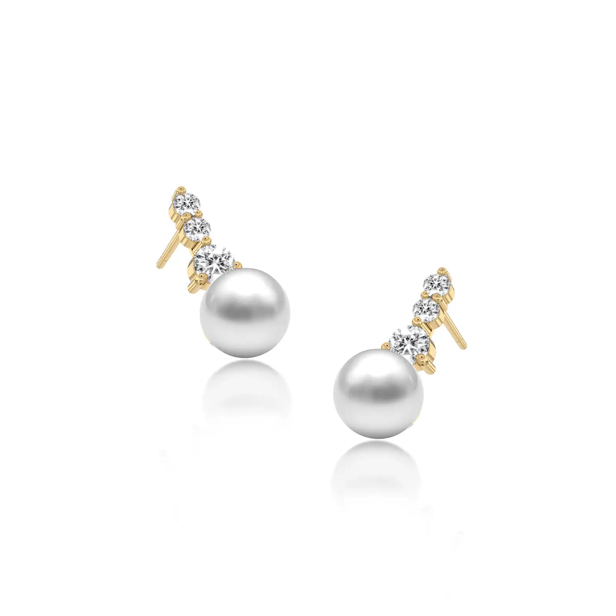 Yellow gold graduated diamond trio pearl drop earrings