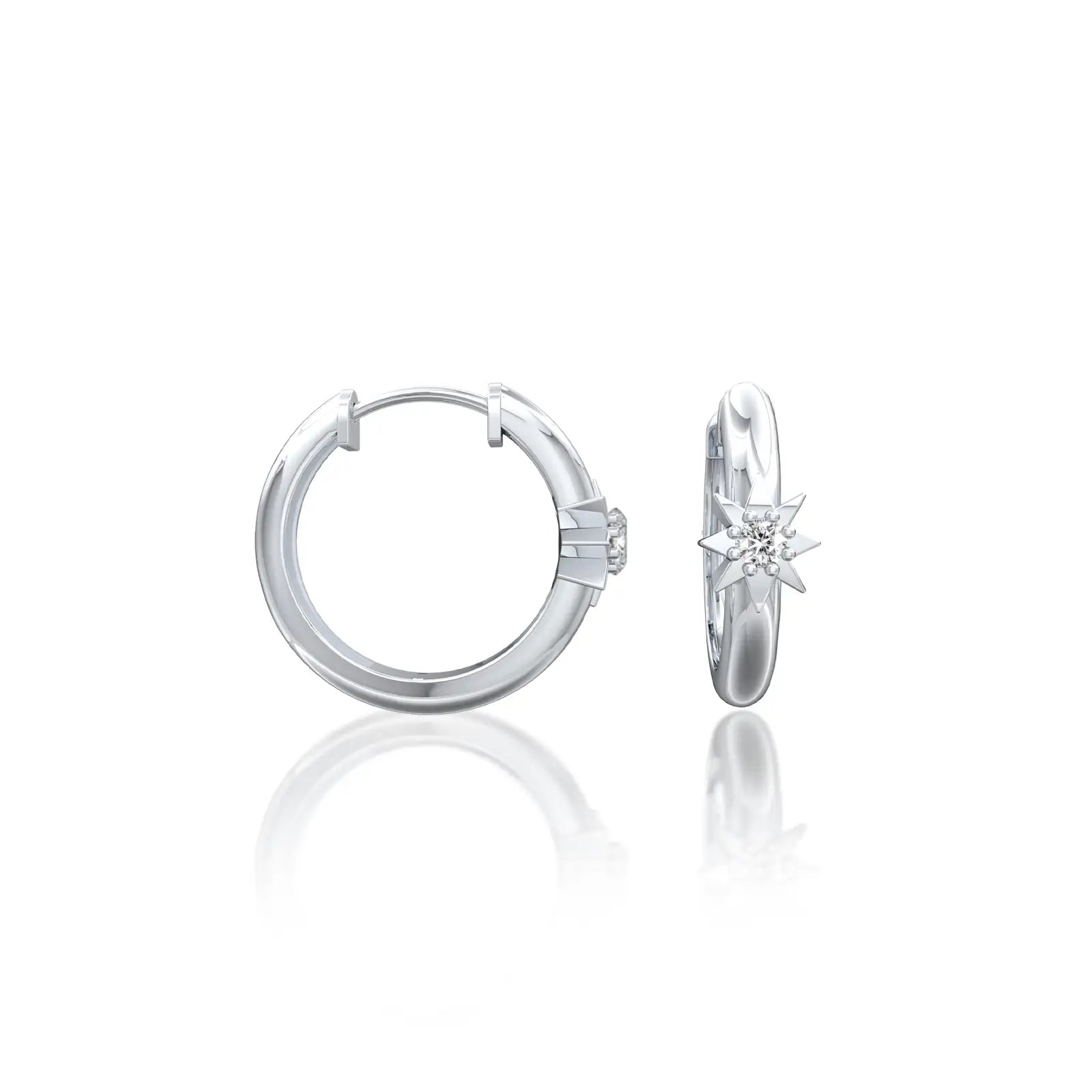 White gold starburst diamond huggie hoop earrings
