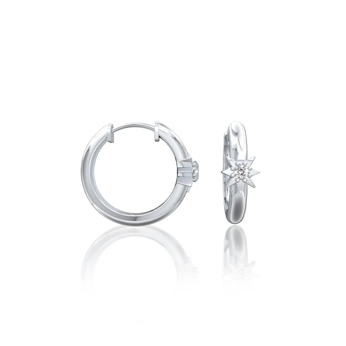 White gold starburst diamond huggie hoop earrings