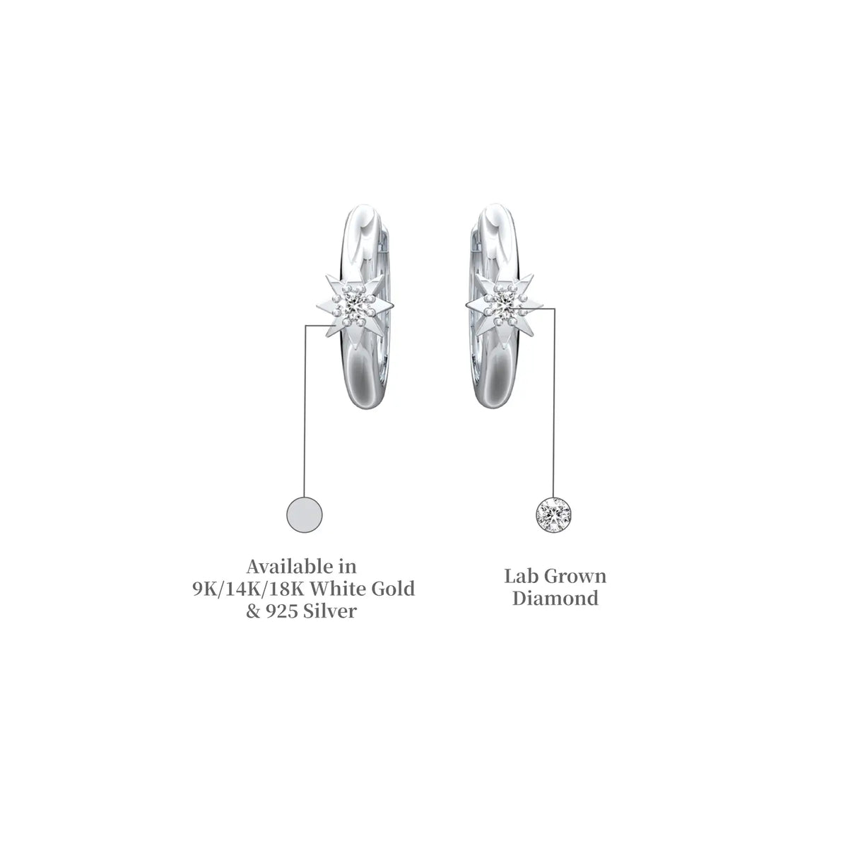 Descriptive image of white gold starburst diamond huggie hoop earrings