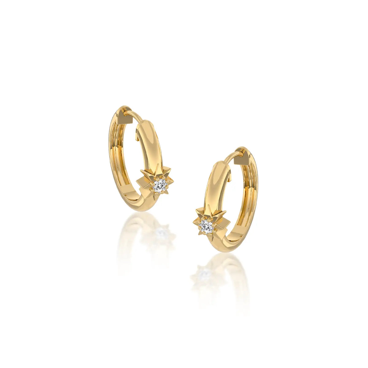 Yellow gold starburst diamond huggie hoop earrings