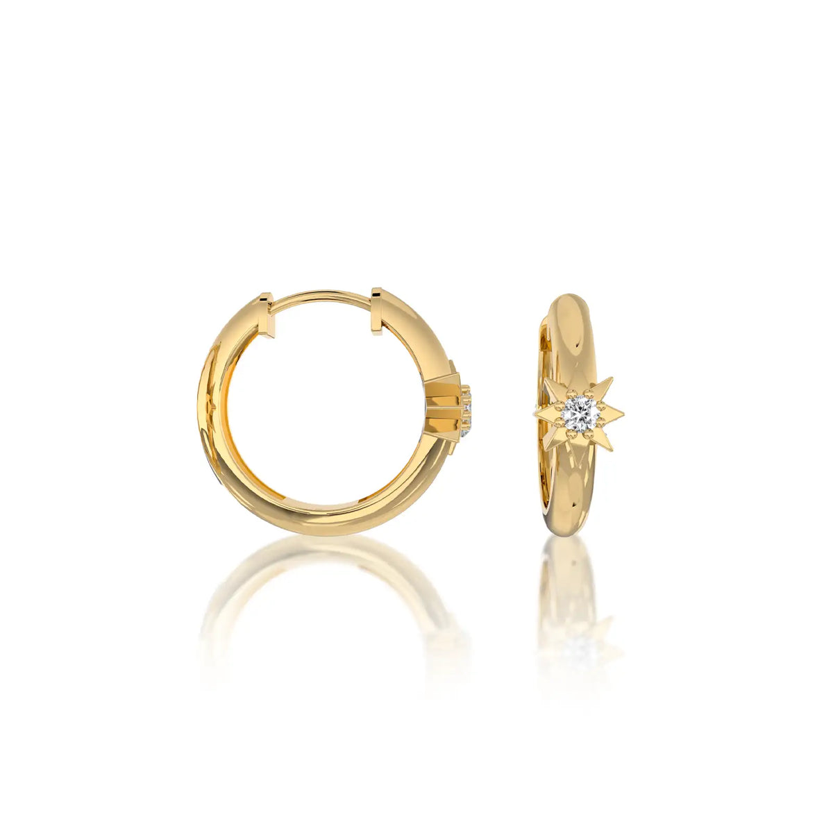 Fortune yellow gold starburst diamond huggie hoop earrings