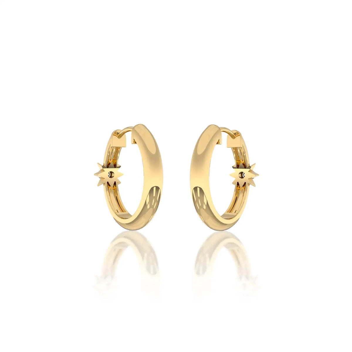 Yellow gold starburst diamond huggie hoop earrings for women