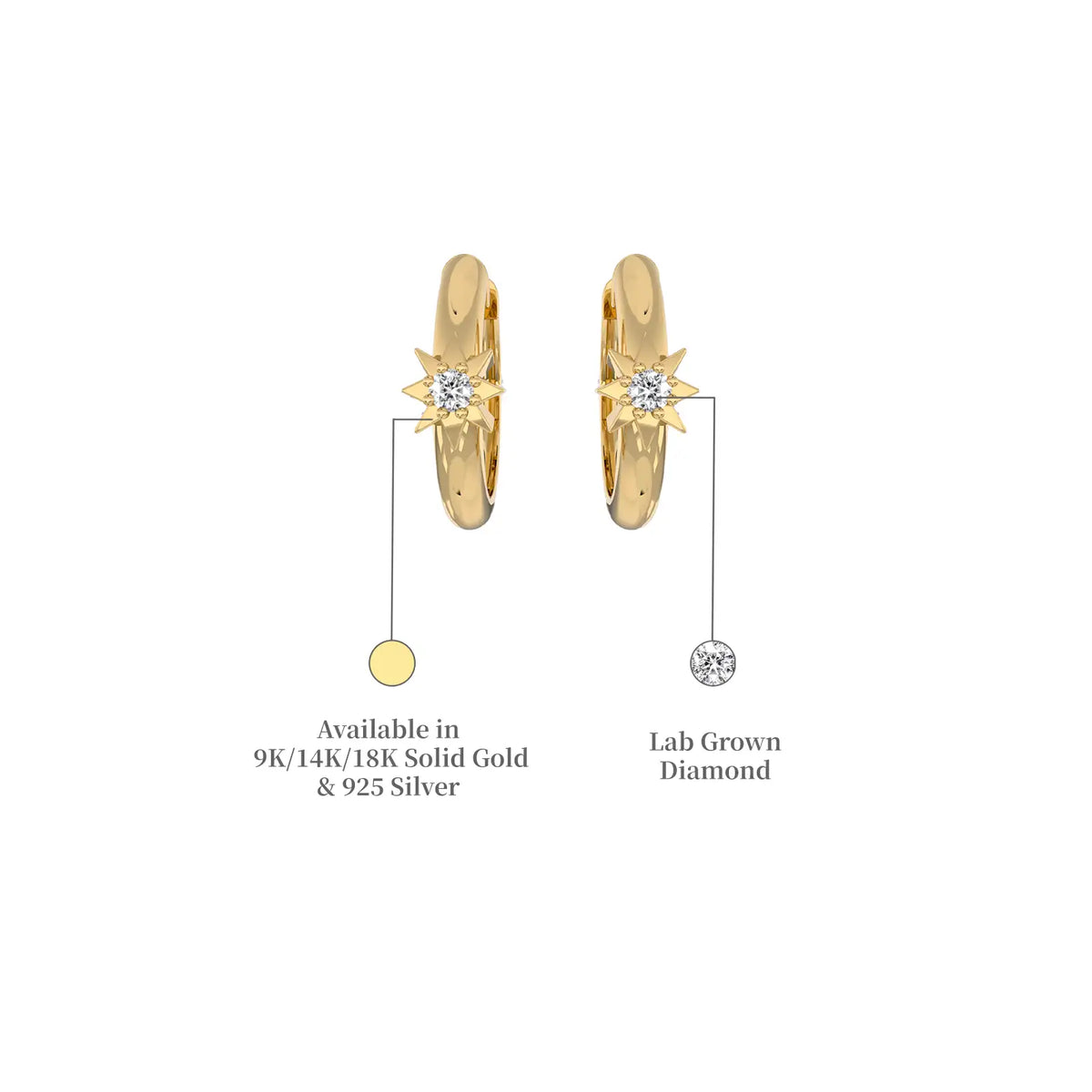 Descriptive image of yellow gold starburst diamond huggie hoop earrings 