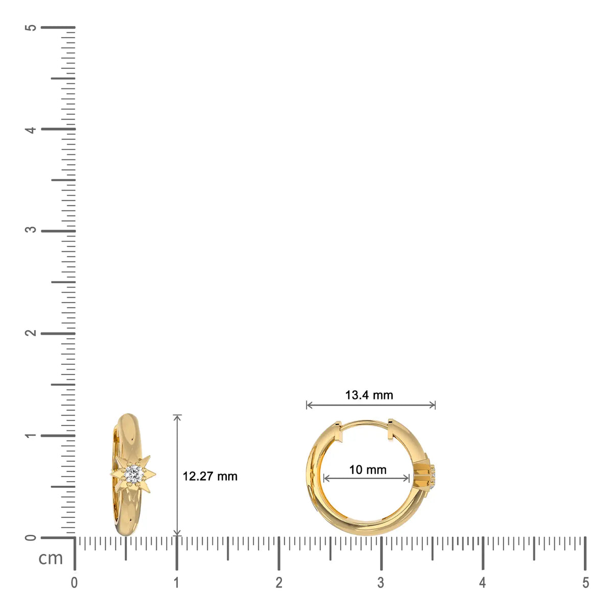 Dimension details of yellow gold starburst diamond huggie hoop earrings 