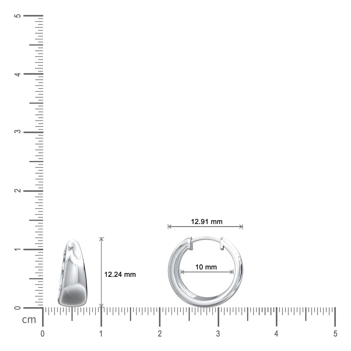 Dimension details of white gold tapered high polish chubby hoop earrings