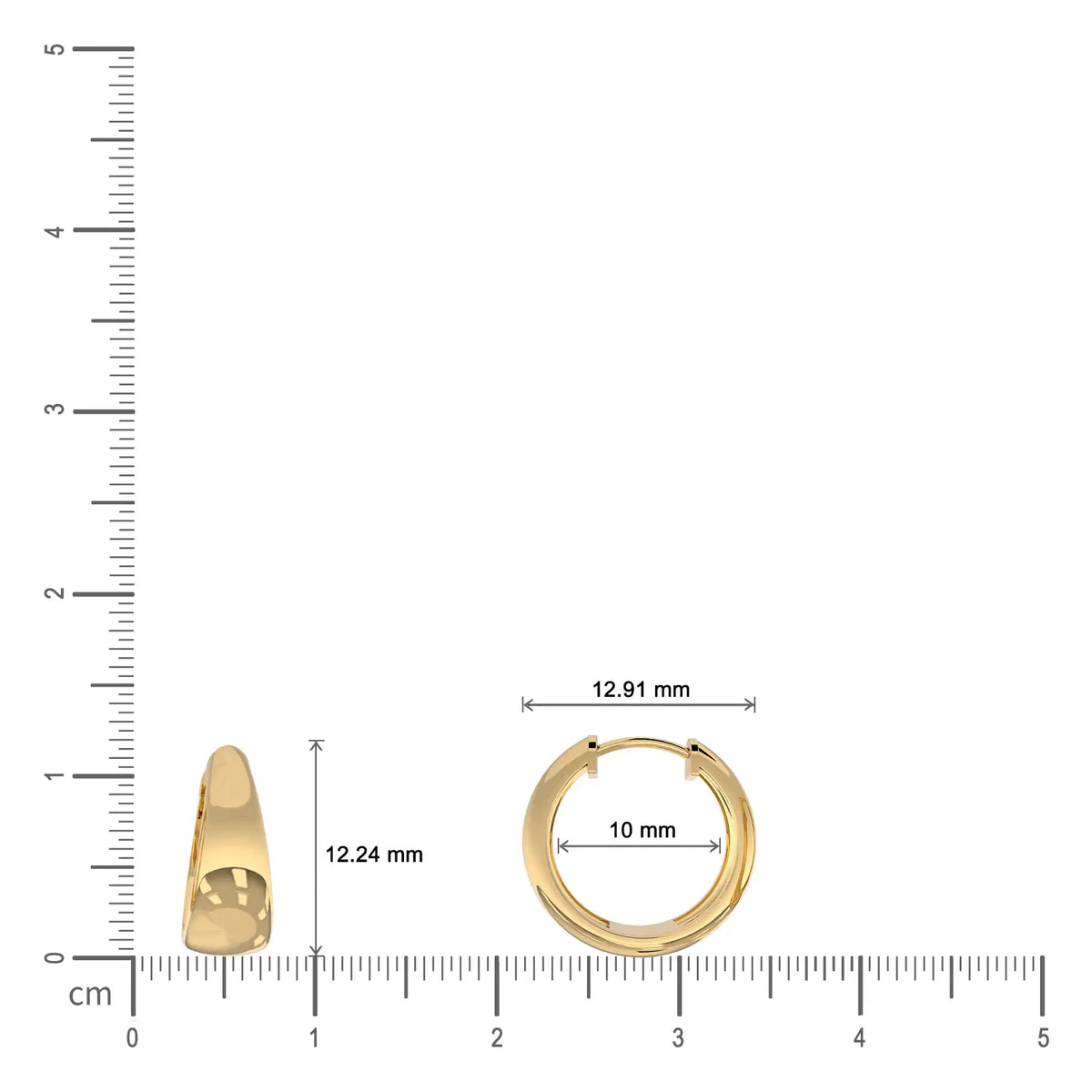 Dimension details of yellow gold tapered high polish chubby hoop earrings
