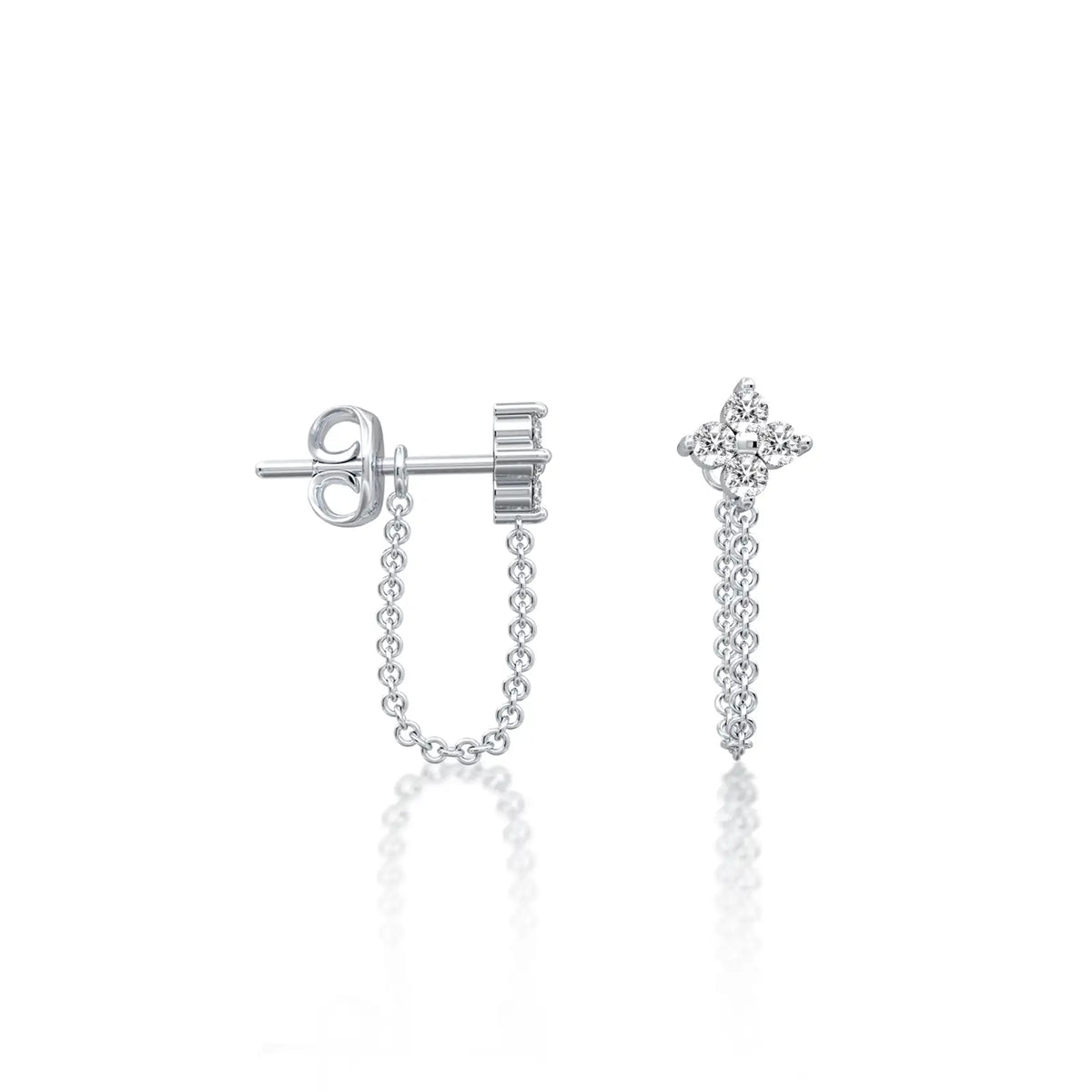 White gold diamond floral cluster chain loop stud earrings