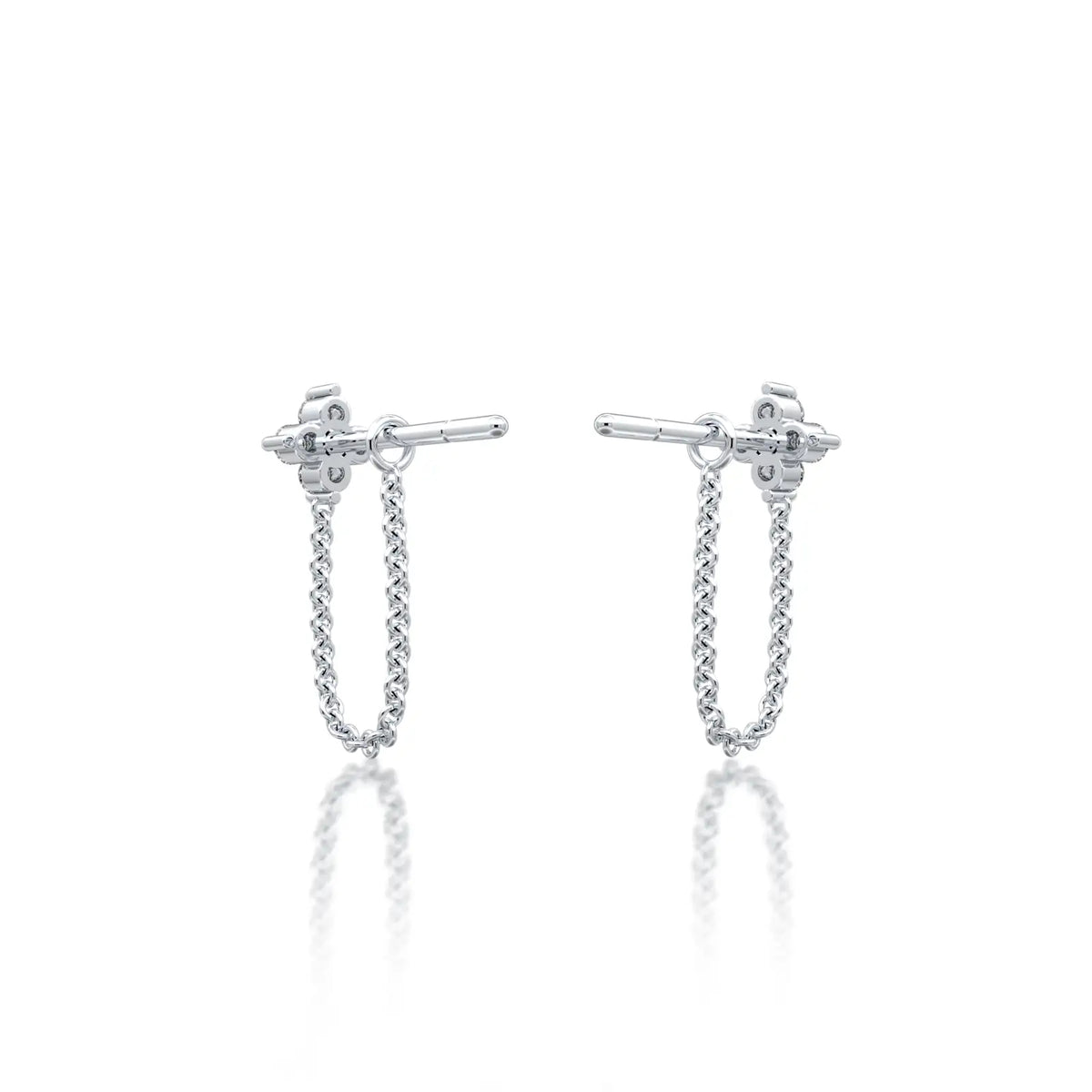 White gold diamond floral cluster chain loop stud earrings for women