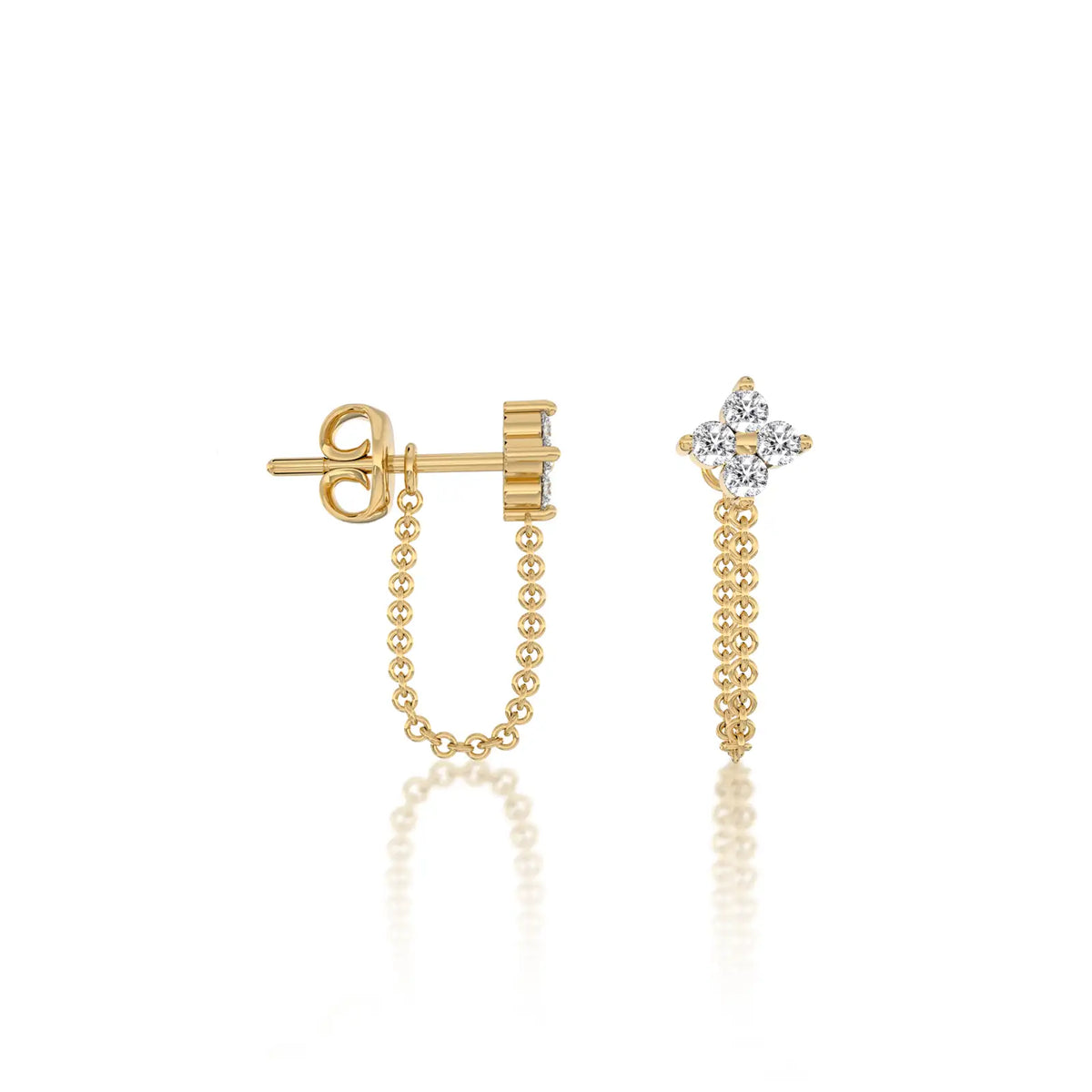 Unique yellow gold diamond floral cluster chain loop stud earrings