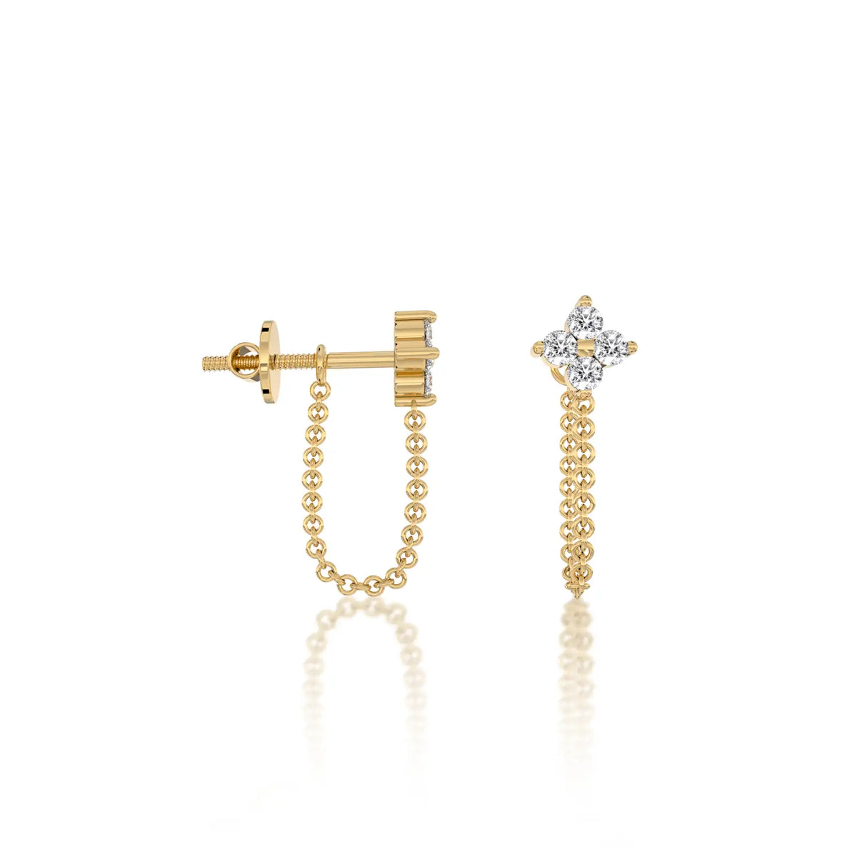 Yellow gold diamond floral cluster chain loop stud earrings for office wear