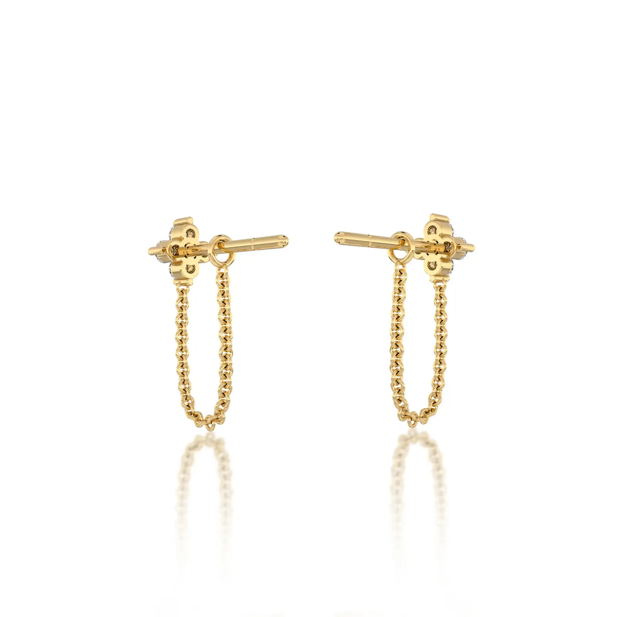 Trendy unique yellow gold diamond floral cluster chain loop stud earring