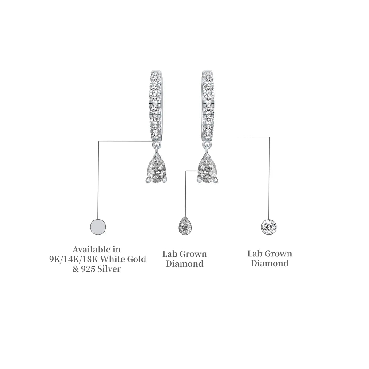 White gold descriptive details of pear diamond dangle hoops