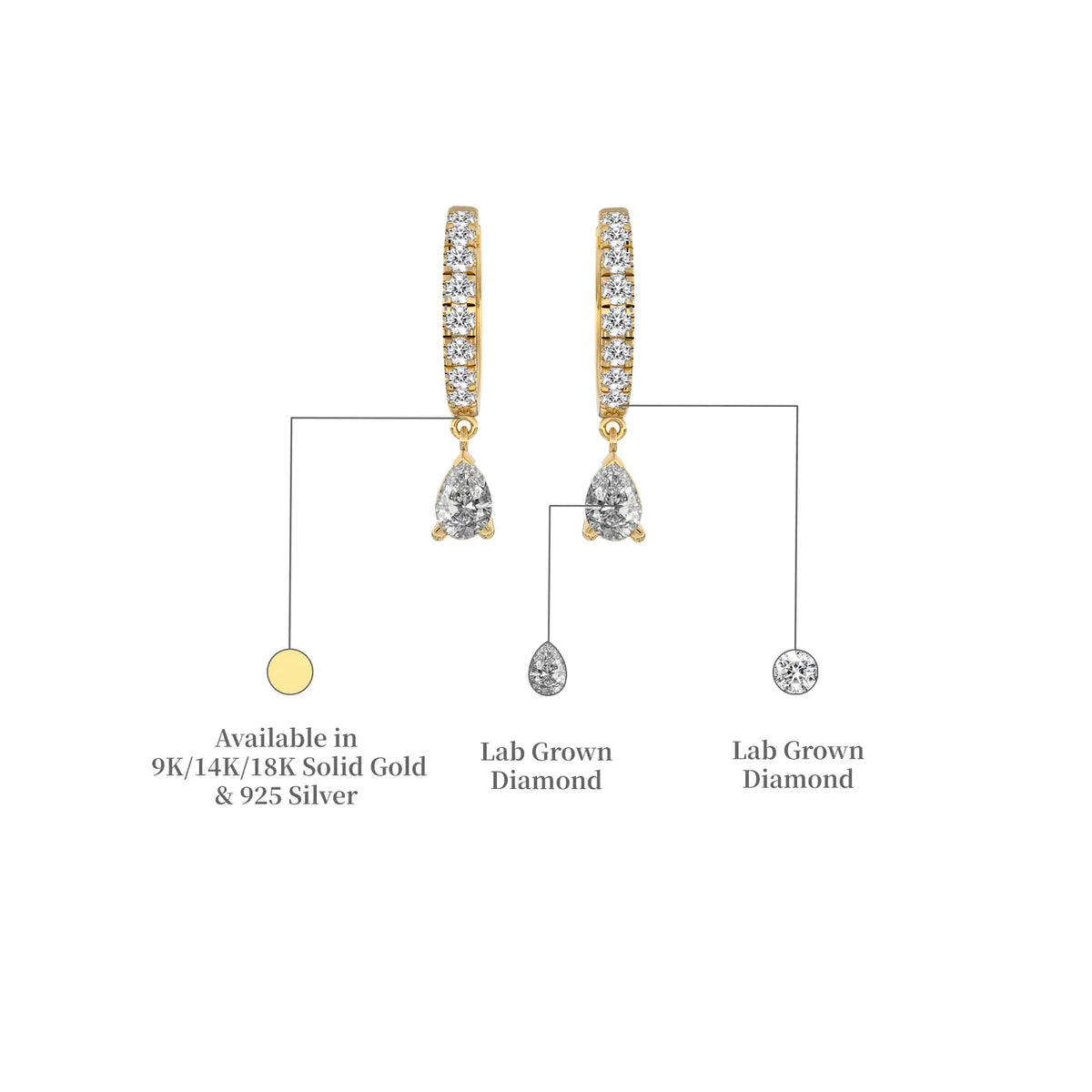 Yellow gold descriptive details of pear diamond dangle hoops
