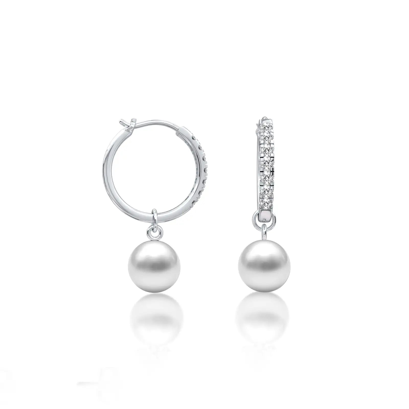 White gold diamond huggie hoops with pearl drops