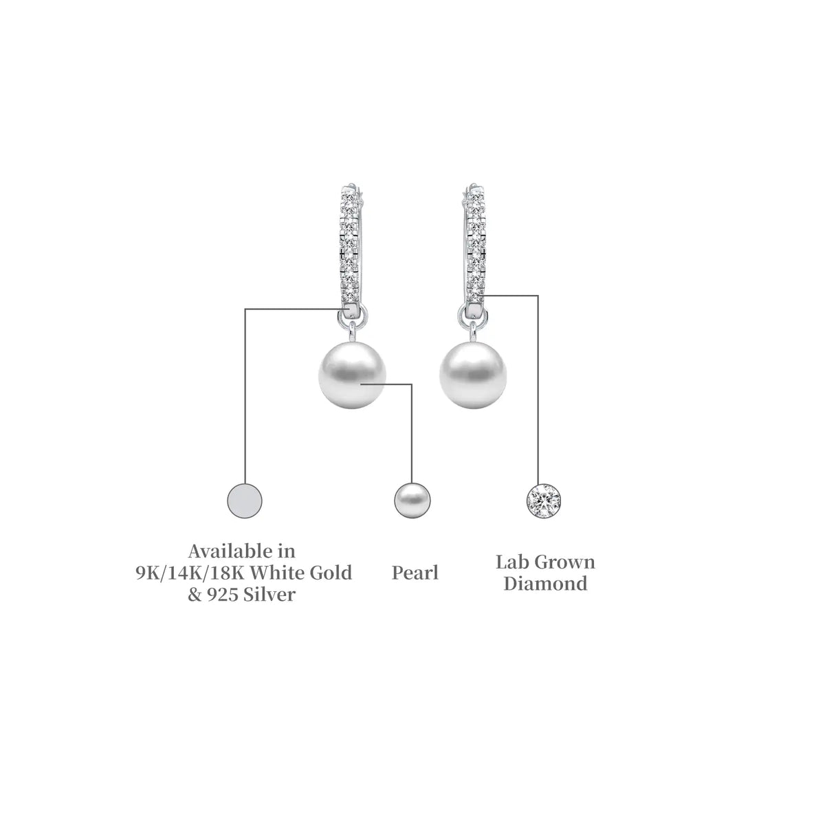 Descriptive image of white gold diamond huggie hoops with pearl drops