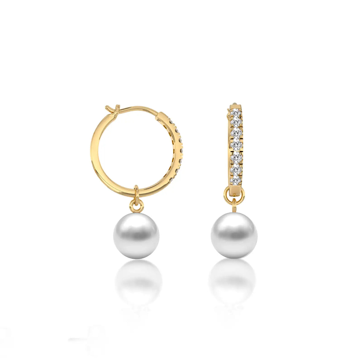 Yellow gold diamond huggie hoops with pearl drops