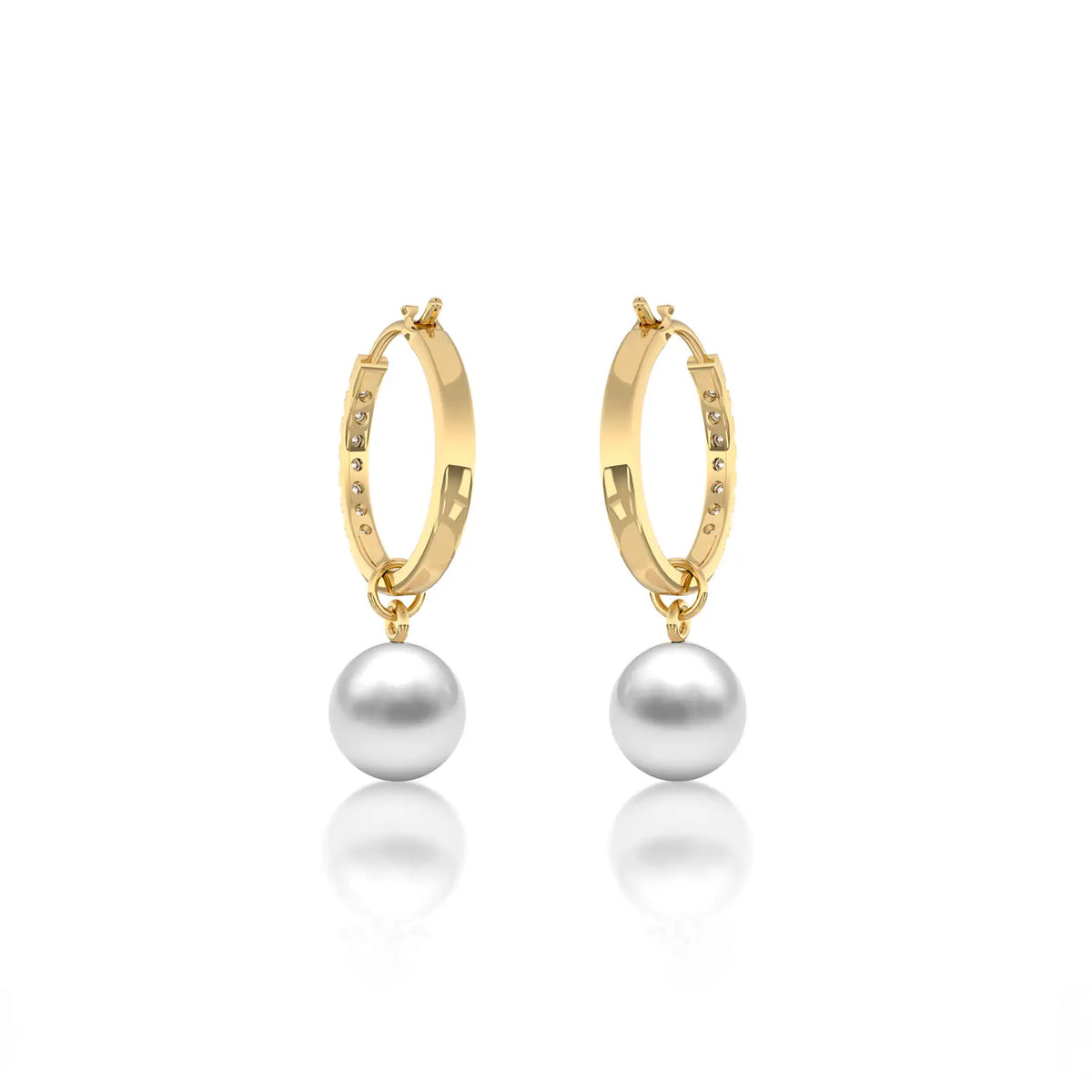 Yellow gold diamond huggie hoops with pearl drops for women