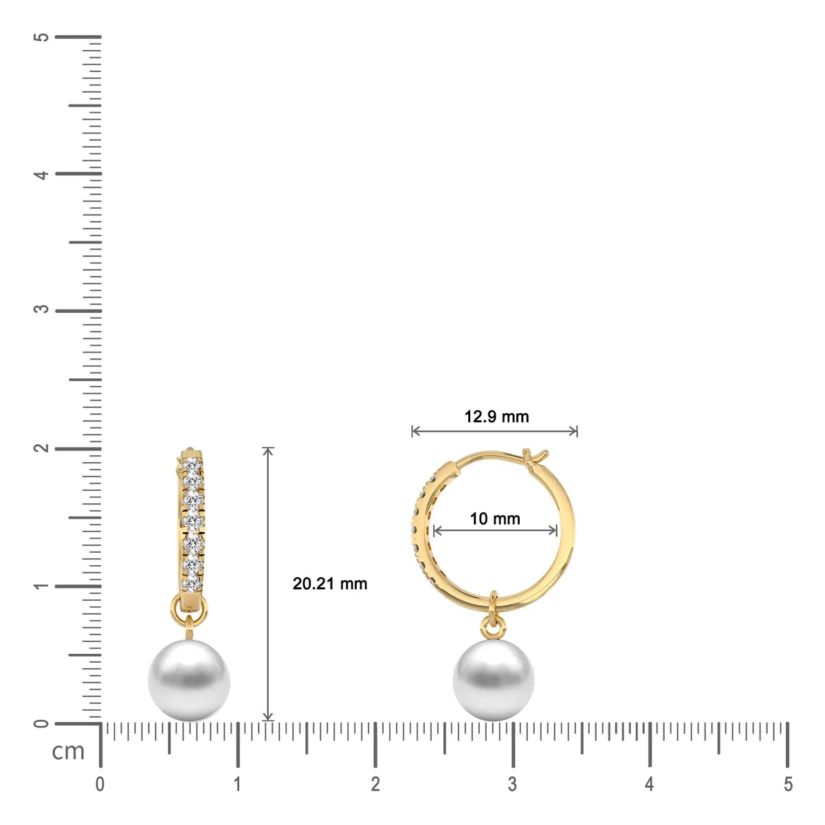 Dimension details of yellow gold diamond huggie hoops with pearl drops