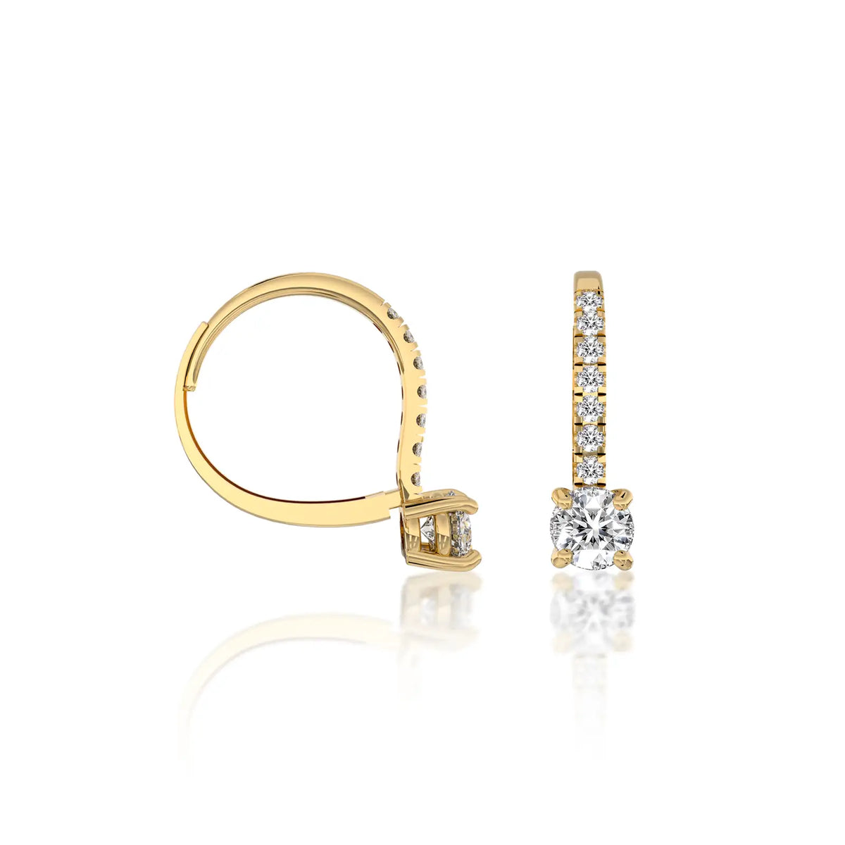 Trendy yellow gold diamond hoops with solitaire dangles 