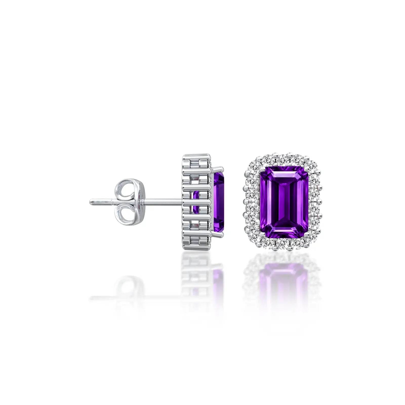 White gold trendy february birthstone amethyst earrings with diamonds