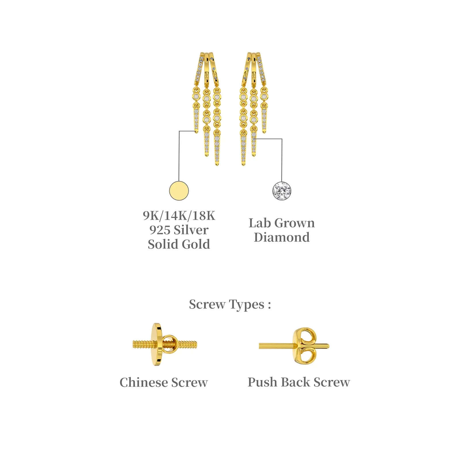 Yellow gold unique twin fall chain diamond drop earrings descriptive image