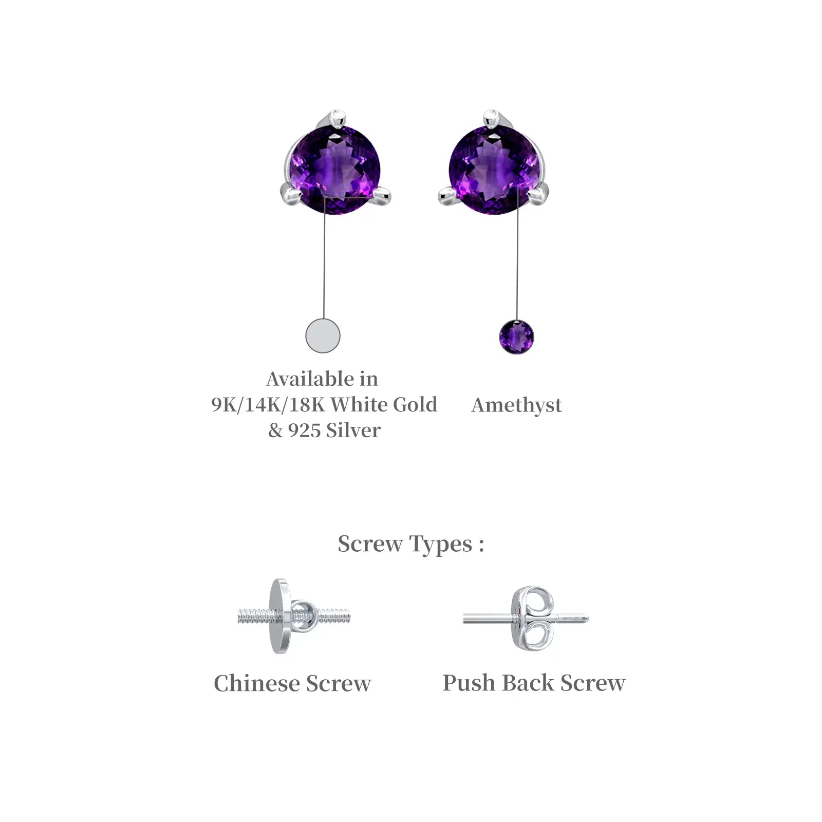 White gold descriptive image of fortune february birthstone amethyst earrings