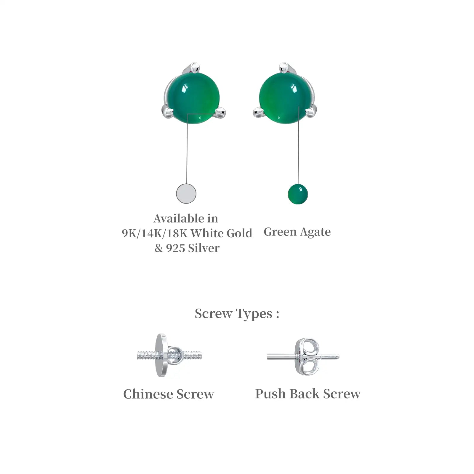White gold descriptive image of may birthstone green agate earrings for women